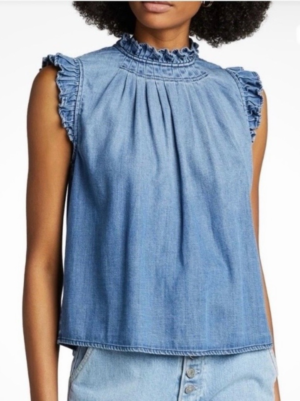 Frame Denim Joanie Top Sleeveless Ruffle Blue Size S